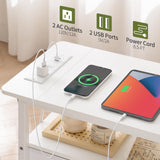 Yoobure End Table with Charging Station, Narrow Side Table LED Small Night Stand, Skinny Nightstand with Fabric Drawers, Bedside Table End Tables Living Room, Side Tables Bedroom for Small Spaces Yoobure