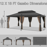 Yardsight 12' x 18' Hardtop Gazebo, Aluminum Frame Pavilion with Galvanized Steel Double Roof Heavy Duty Permanent Gazebo with Mosquito Netting and Privacy Curtain for Patio, Garden, Lawn. Yardsight