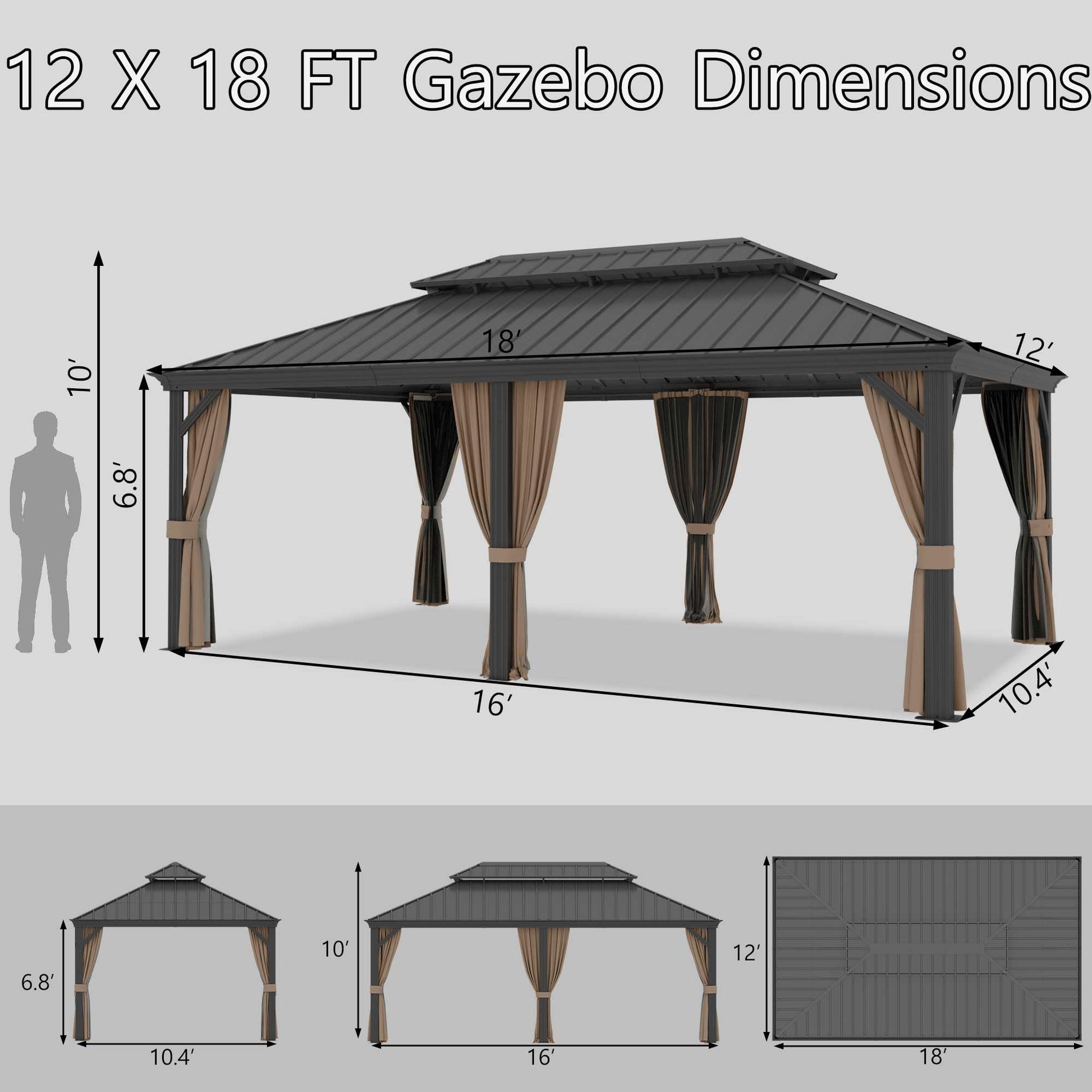 Yardsight 12' x 18' Hardtop Gazebo, Aluminum Frame Pavilion with Galvanized Steel Double Roof Heavy Duty Permanent Gazebo with Mosquito Netting and Privacy Curtain for Patio, Garden, Lawn. - WoodArtSupply