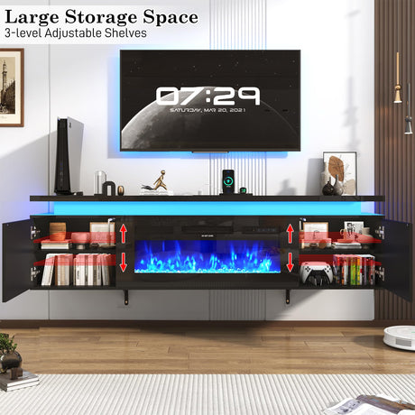 Hlivelood 70" tv Stand w/ 36" Fireplace Up to 80" TVs,High Gloss LED Fireplace TV Stand Entertainment Center for 70/75+/80 inch TV, Modern Media TV Console Cabinet for Living Room,Black Hlivelood
