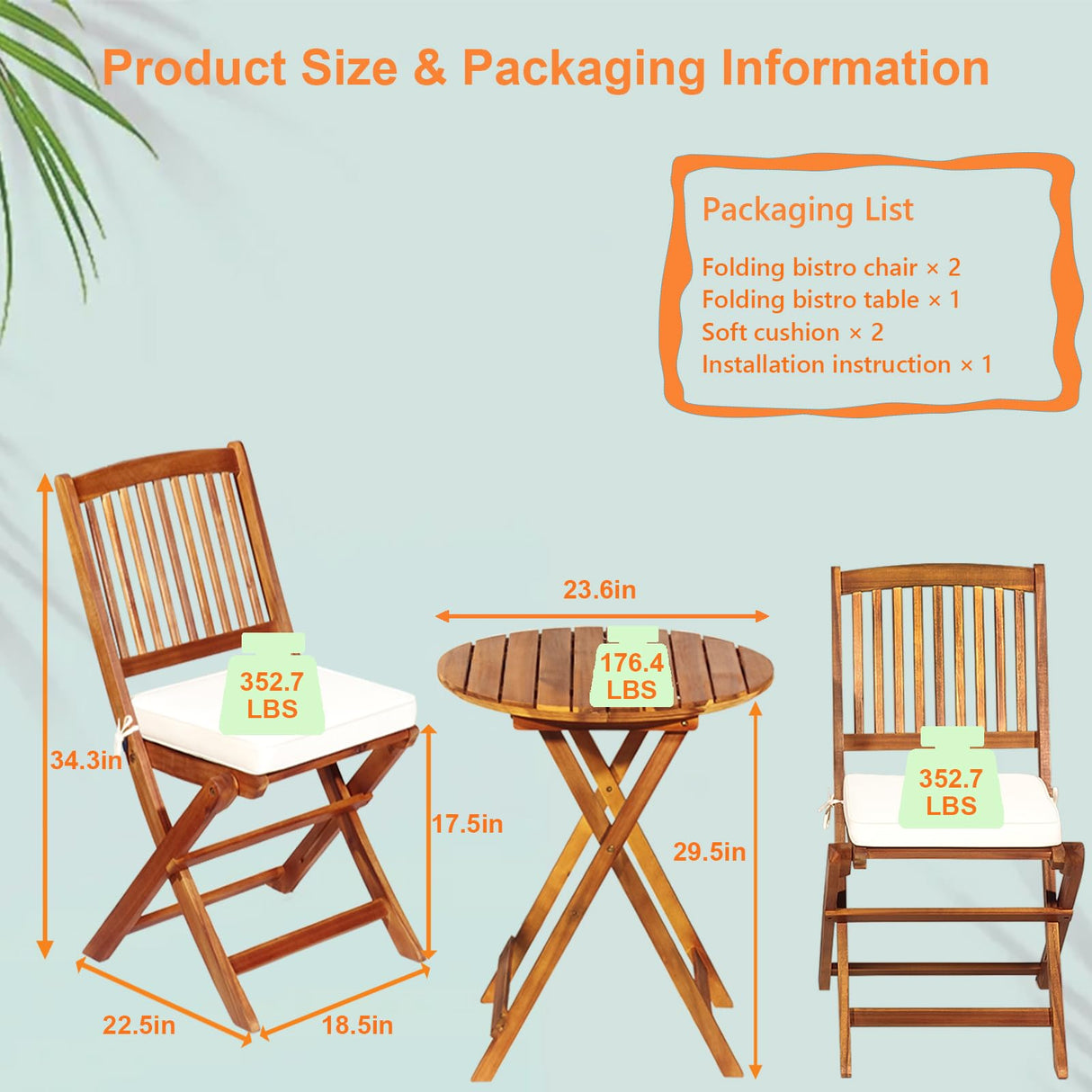 S AFSTAR Bistro Table and Chairs Set of 2, Acacia Wood Folding Bistro Set for 2 with Detachable Soft Cushions, 3 Piece Outdoor Bistro Set for Patio, Balcony, Pool, Garden & Yard (Natural Color) S AFSTAR