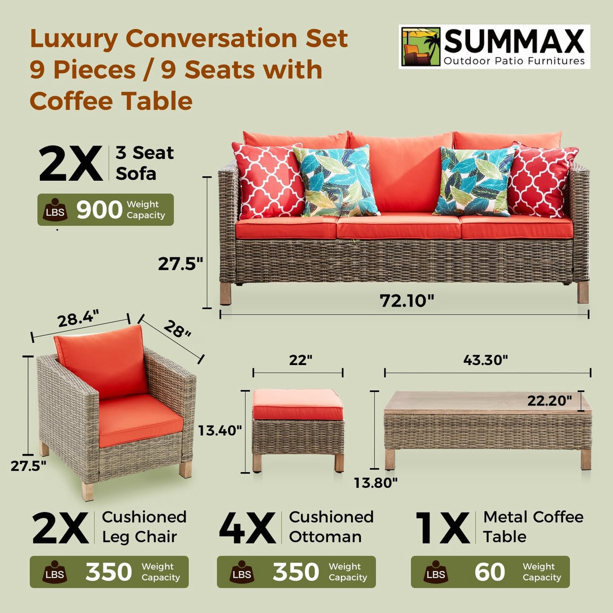 9 Pieces Patio Furniture Sets All Weather Reinforced Wicker Rattan Sectional Sofa with Metal Top Coffee Table Outdoor Furniture Conversation Set for Porch, Poolside, Garden, Backyard, Red Summax