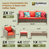 9 Pieces Patio Furniture Sets All Weather Reinforced Wicker Rattan Sectional Sofa with Metal Top Coffee Table Outdoor Furniture Conversation Set for Porch, Poolside, Garden, Backyard, Red Summax