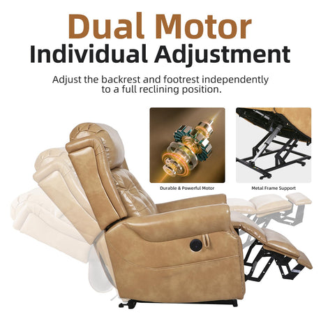 RUTOX Large Power Lift Recliner Chair for Elderly, Oversized Lay Flat Lift Chair with Adjustable Headrest, Leather Recliner Chairs with Massage and Heat, Infinite Position,Extended Footrest,Beige RUTOX