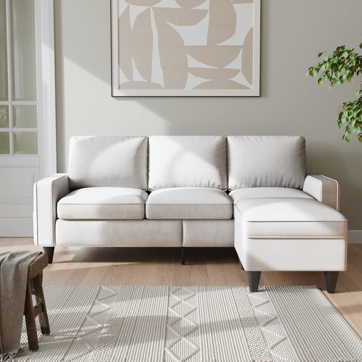 Lonkwa Convertible Sectional Sofa Couch L-Shaped Couch with Storage Ottoman, Beige Couches for Living Room, 3-Seat Sectional Sofas for Living Room/Bedroom/Office/Small Space Lonkwa