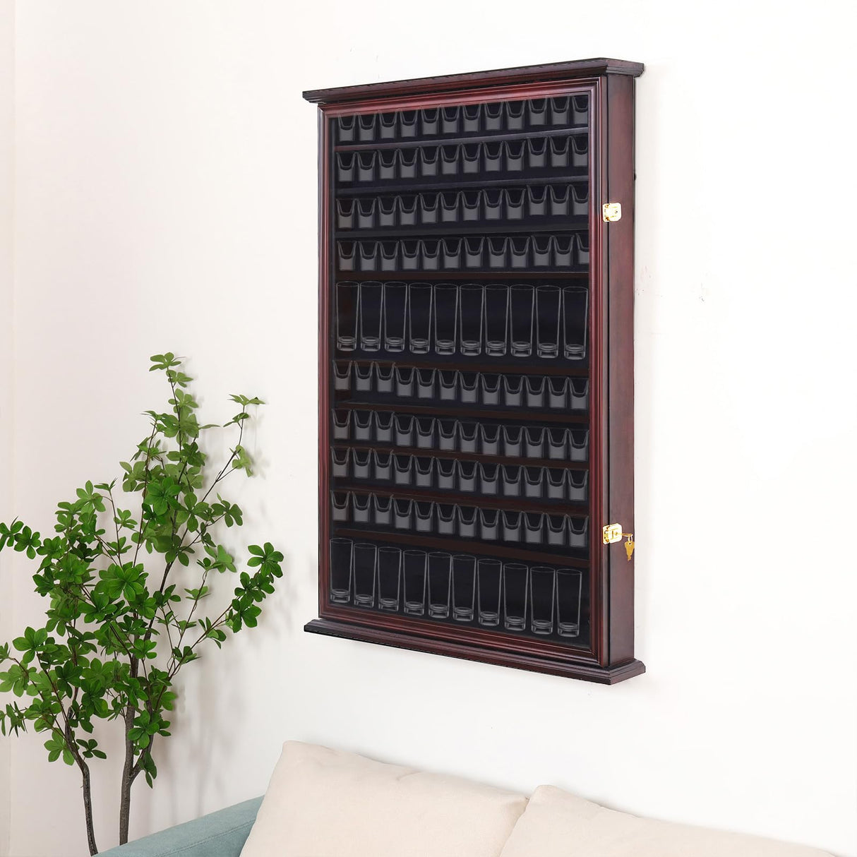 144 Shot Glass Display Case - Large Wall-Mounted Shadow Box with UV Protection, Perfect for Home Decor | Wall-Mounted Cabinet Curio Shadow Box for Action Figures Small Figurines Rack Lockable Door ARRAWIS