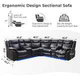 Manual Recliner Sofa Sectional Couches with LED Light for Living Room, Leather Reclining Corner Sectionals Sofa Couch Sets with 2 Theater Recliner Seat, USB, Cup Holder, Storage Console for Home,Black Comfort Stretch