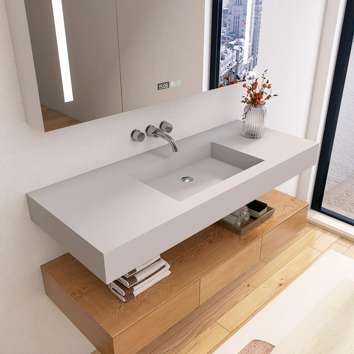 MEDUNJESS 47"X19" Stone Resin Wall Mounted Floating Sink, Bathroom Vanity with Sink,Solid Surface Bathroom Pedestal Sink Basin with No Faucet Hole and Pop-up Drain, Matte White MEDUNJESS