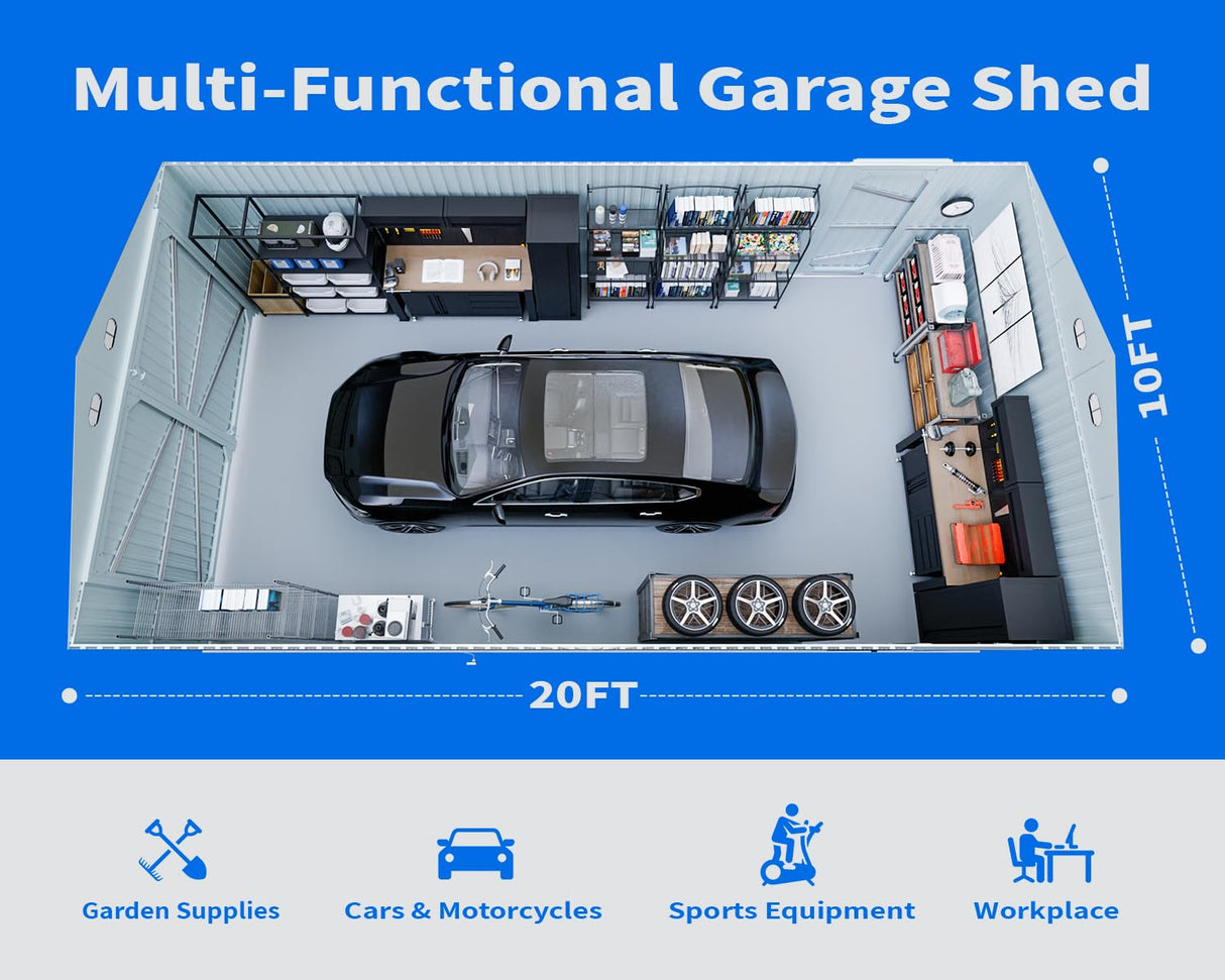 10x20 FT Outdoor Storage Shed, Metal Garage Shed with 2 Lockable Doors, Large Metal Building with 4 Air Vents, Galvanized Steel Prefab Garage Sheds for Car, Truck, Tool, Dark Gray ANTSKU