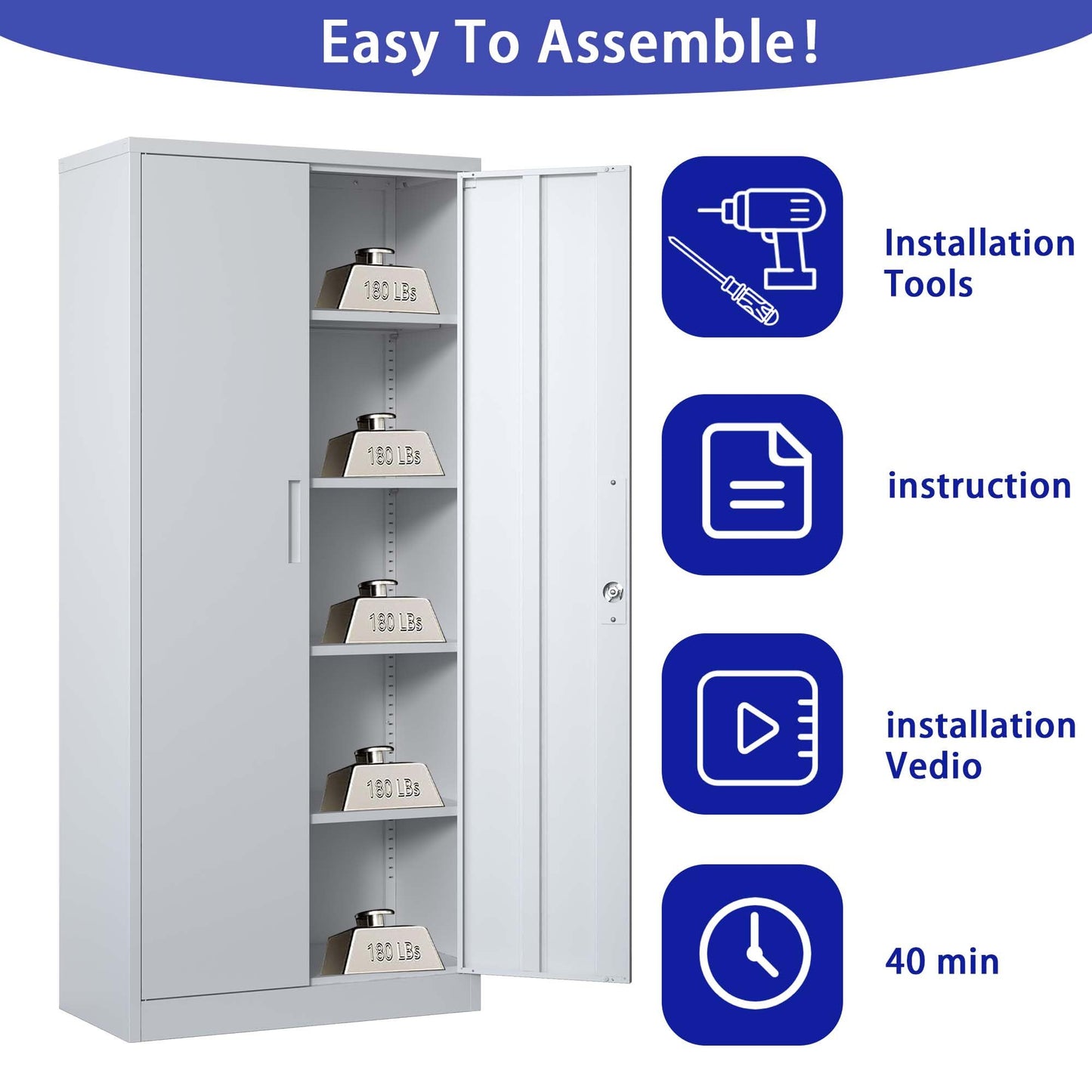 Metal Garage Storage Cabinet,71" h Tall Garage Cabinet with 2 Doors and 5 Adjustable Shelves, Steel Utility Tool Cabinet Black Locking Cabinets, Lockable File Cabinet Garage Storage Locker (White)