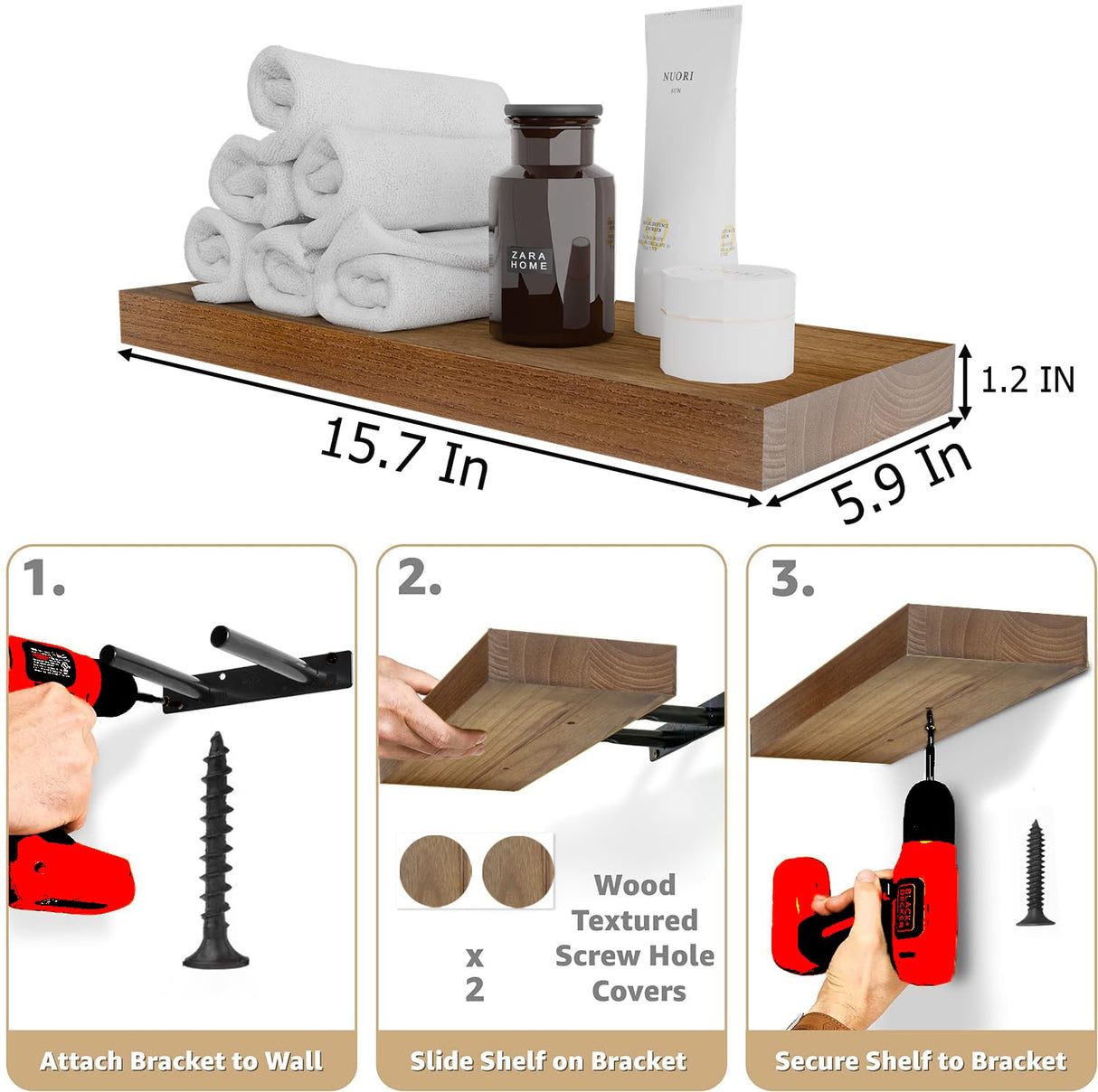 IAE Walnut Floating Wall Shelves 16 inch, Bathroom Shelves Wall Mounted,Invisible Shelf Floating Kitchen Shelves,Wooden Wall Shelving with Brackets for Living Room Wall Mounted,Easy Install,Set of 2 IAE