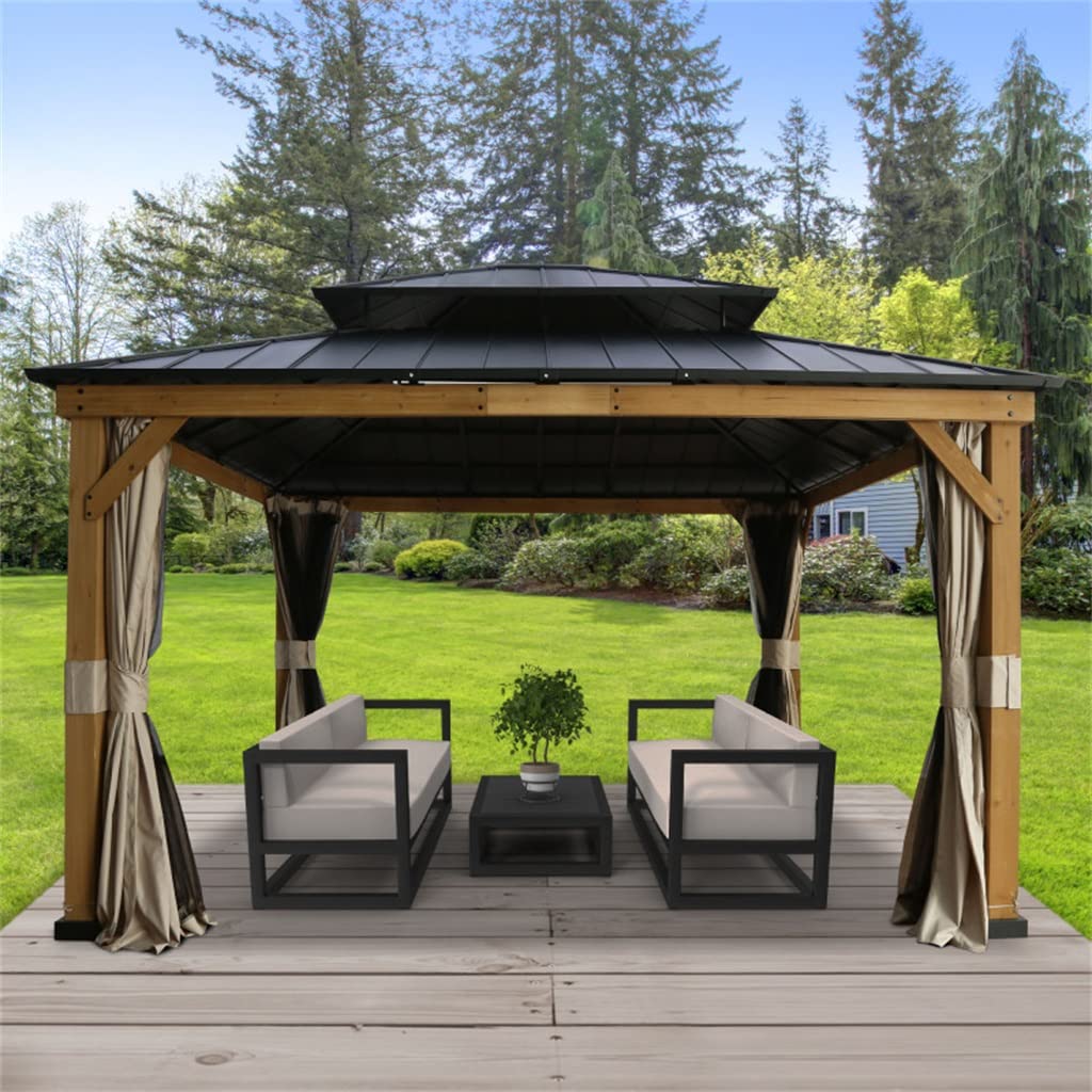 GAELOP DFHBFG 11 Ft. W X 13 Ft. D Solid Wood 2-Tier Patio Gazebo Metal Hard Top Gazebo with Curtains and Netting