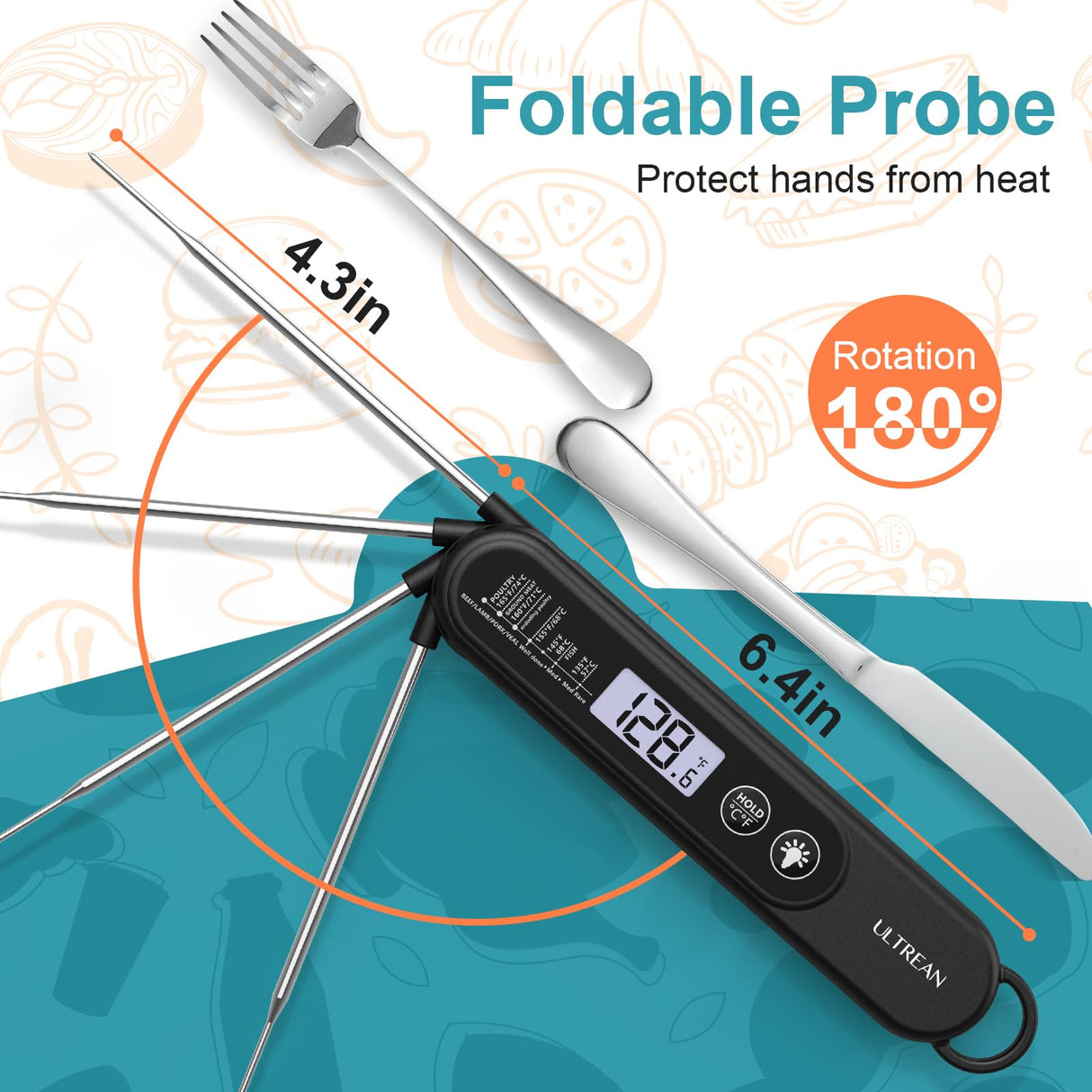 Ultrean Digital Meat Thermometer for Cooking,Ultra-Fast Instant Read Food Thermometer with Backlight,Foldable Probe,Waterproof Kitchen Thermometer for BBQ,Grill,Fry,Oven,Candy Making Ultrean