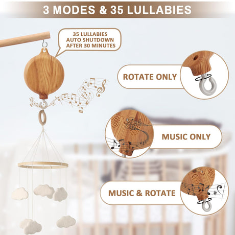 Floor-Standing Crib Mobile Arm with Music Box - 65 Inch Mobile Arm for Crib - 100% Beech Wood - Crib Mobile Motor - Volume Control - 35 Lullabies - Wooden Nursery Decor - Baby Mobile Hanger EBINGMIMA