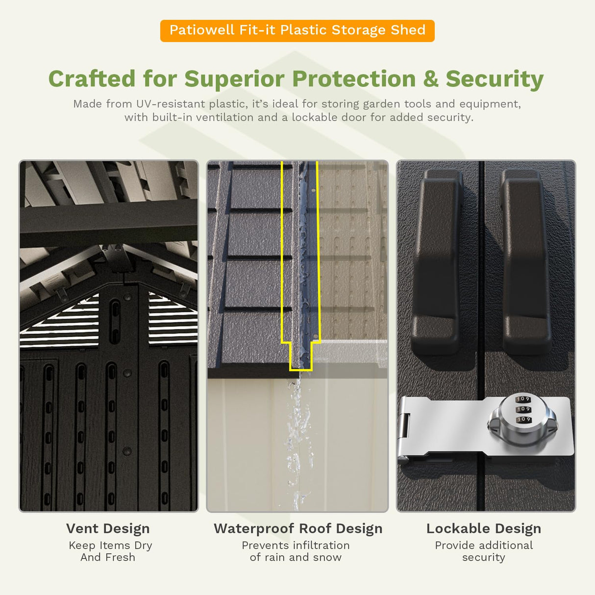 Patiowell 8 x 6 FT Resin Outdoor Storage Shed with Floor, Large Shed with Light and Lockable Door for Garden, Backyard, Tool Storage Use, Easy to Install in Beige (Kick-it Shed) Patiowell