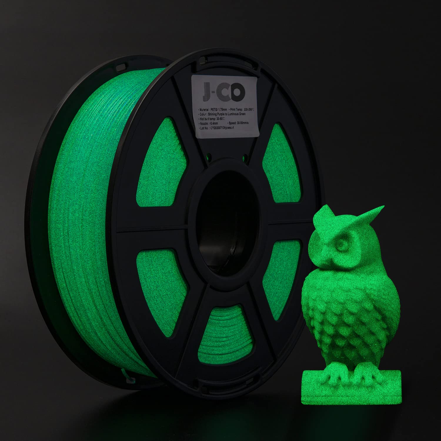 J-CD 3D Printer PETG Filament, Sparkly Glitter Purple, Shining Glow in The Dark Green, 1.75mm, 2.2LBS(1KG)/Spool - WoodArtSupply