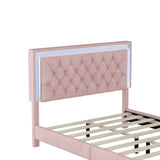 Merax Upholstered Platform Bed, Full Size LED Velvet Fabric Wooden Bed Frame with LED Lights & Tufted Headboard for Bedroom, Wood Slat Support, No Box Spring Needed, Easy Assembly (Pink) Merax