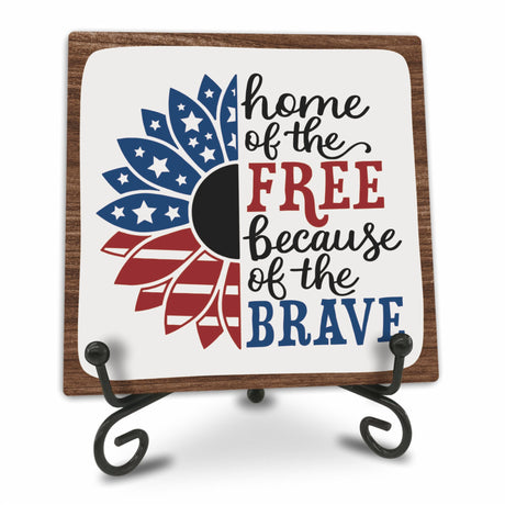 July 4th Petals Wood Plaque With Iron Stand - Home Of The Free Because Of The Brave - 4"x4" Wooden Block Sign, Patriotic Desk Signs, Shelf & Tabletop Decorations, America Memorial Day Supplies - E06 Cudwid