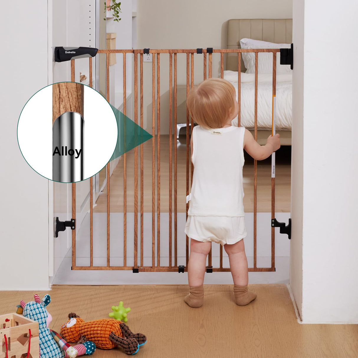 Babelio 26-43" No Bottom Bar Baby Gate for Babies, Elders and Pets, 2-in-1 Hardware Mount Dog Gate for The House, Stairs and Doorways, with Large Walk Thru Door, Brown Wood Pattern BABELIO
