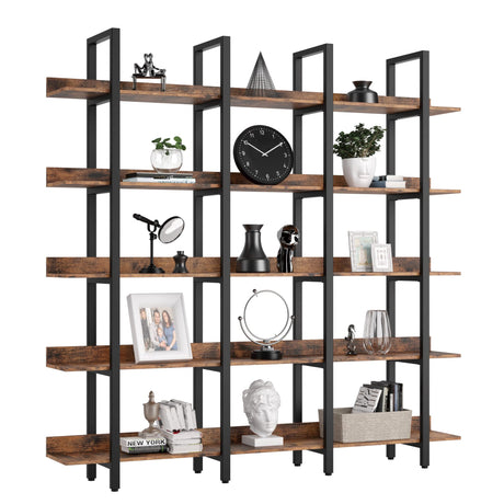 IRONCK Bookcase and Bookshelves Triple Wide 5 Tiers Large Open Shelves, Etagere Bookcases with Back Fence for Home Office Decor, Easy Assembly, Vintage Brown IRONCK