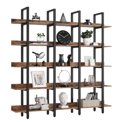 IRONCK Bookcase and Bookshelves Triple Wide 5 Tiers Large Open Shelves, Etagere Bookcases with Back Fence for Home Office Decor, Easy Assembly, Vintage Brown