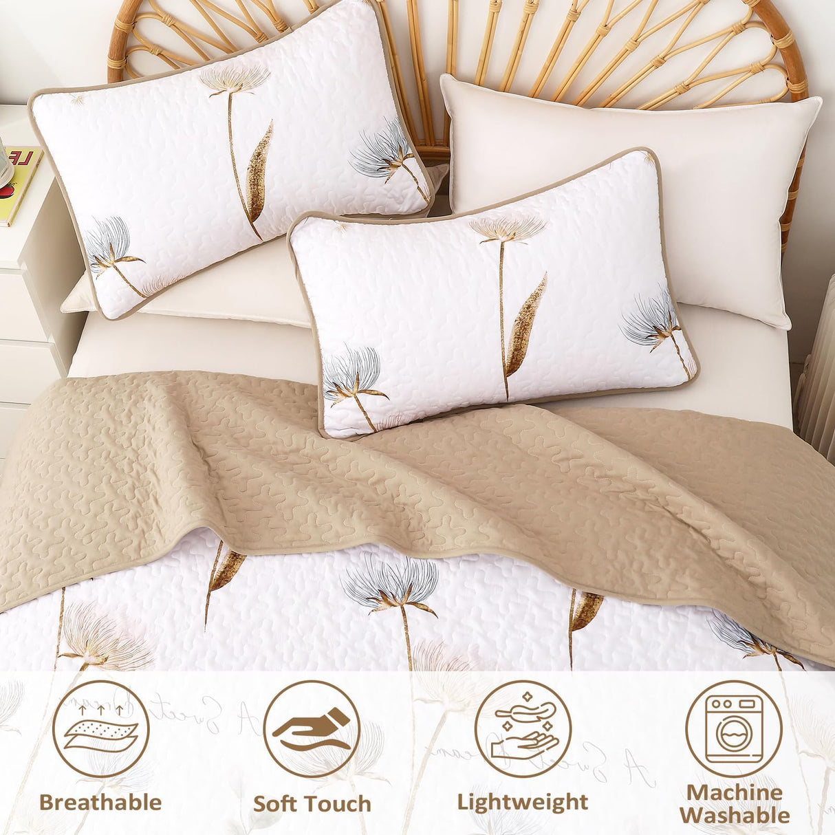 Dinjoy Floral Quilt Set Queen,Beige/Khaki Bedspread Queen Size 3 Pieces Lightweight Fall Quilts Microfiber Farmhouse Bedding Set Soft Flower Bedspreads White Coverlet Sets for All Seasons Dinjoy