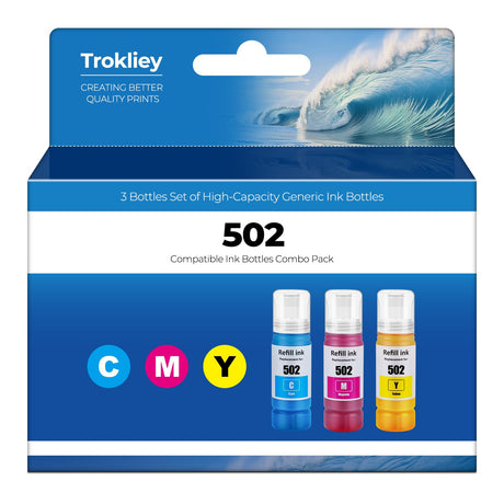 502 Ink Bottle Color Combo Pack ET-2760 ET-2850 ET-4760 ET-3850 Replacement for Epson 502 Ink Refill Bottle Color for Ecotank ET-4850 2760 ET-3760 ET-4760 ET2850 ET3850 Printer (Cyan/Magenta/Yellow) Trokliey