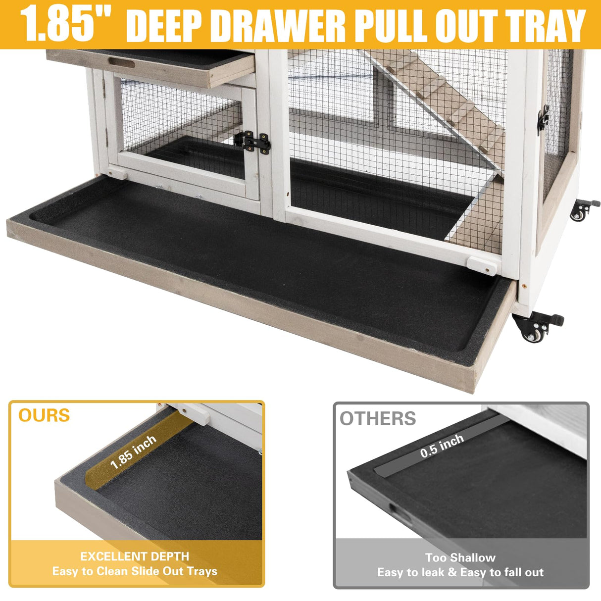 Gowoodhut 40"L Rabbit Hutch Indoor Wooden Large Bunny Hutch Outdoor 2 Story Rabbit Cage on 4 Metal Wheels with Run and 2 Deeper Pull Out Trays UV Panel Guinea Pig Pet House for Small to Medium Animals Gowoodhut