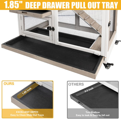 Gowoodhut 40"L Rabbit Hutch Indoor Wooden Large Bunny Hutch Outdoor 2 Story Rabbit Cage on 4 Metal Wheels with Run and 2 Deeper Pull Out Trays UV Panel Guinea Pig Pet House for Small to Medium Animals Gowoodhut
