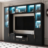 Mekminop 4-Piece Wall Unit TV Stand with LED Lights for TVs up to 70", Large Entertainment Center with Bookshelves & Bridge, Modern TV Console for Living Room, Black Mekminop