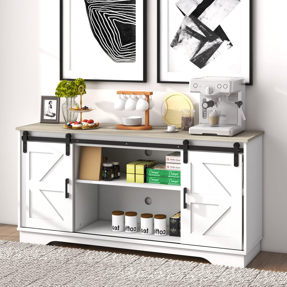 Panana Bar Cabinet with Barn 2 Sliding Doors Buffet Farmhouse Storage Cabinet TV Stand (White Body Natural Top) Panana