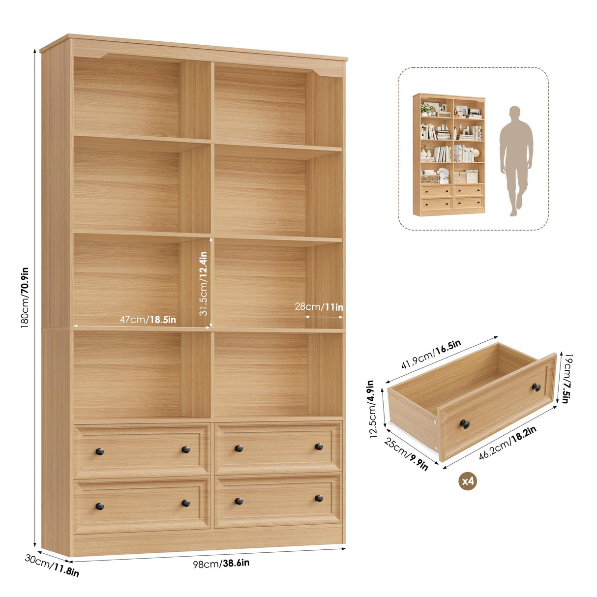FINETONES 71" Tall Bookshelf with 4 Drawers, 6-Tier Double Wide Bookshelves and Bookcases with Storage, Natural Bookshelf Large Open Bookshelves Standing Book Cabinet for Home Office FINETONES