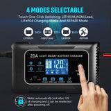 20-Amp Lifepo4 Lithium AGM Gel Smart Battery Charger, 12V/20A 24V/10A Trickle Charger, Maintainer for car Boat Motorcycle, Lawn Mower Dght