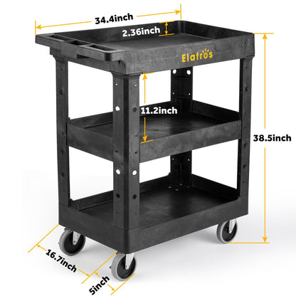 ELAFROS 3 Shelf Heavy Duty Utility Cart, 34" x 17" x 38.5", Rolling Work Cart with 4 Swivel Wheels, Deep Shelves, Safely Holds up to 550 lbs 3-Tier Service Cart Tool Cart, Black