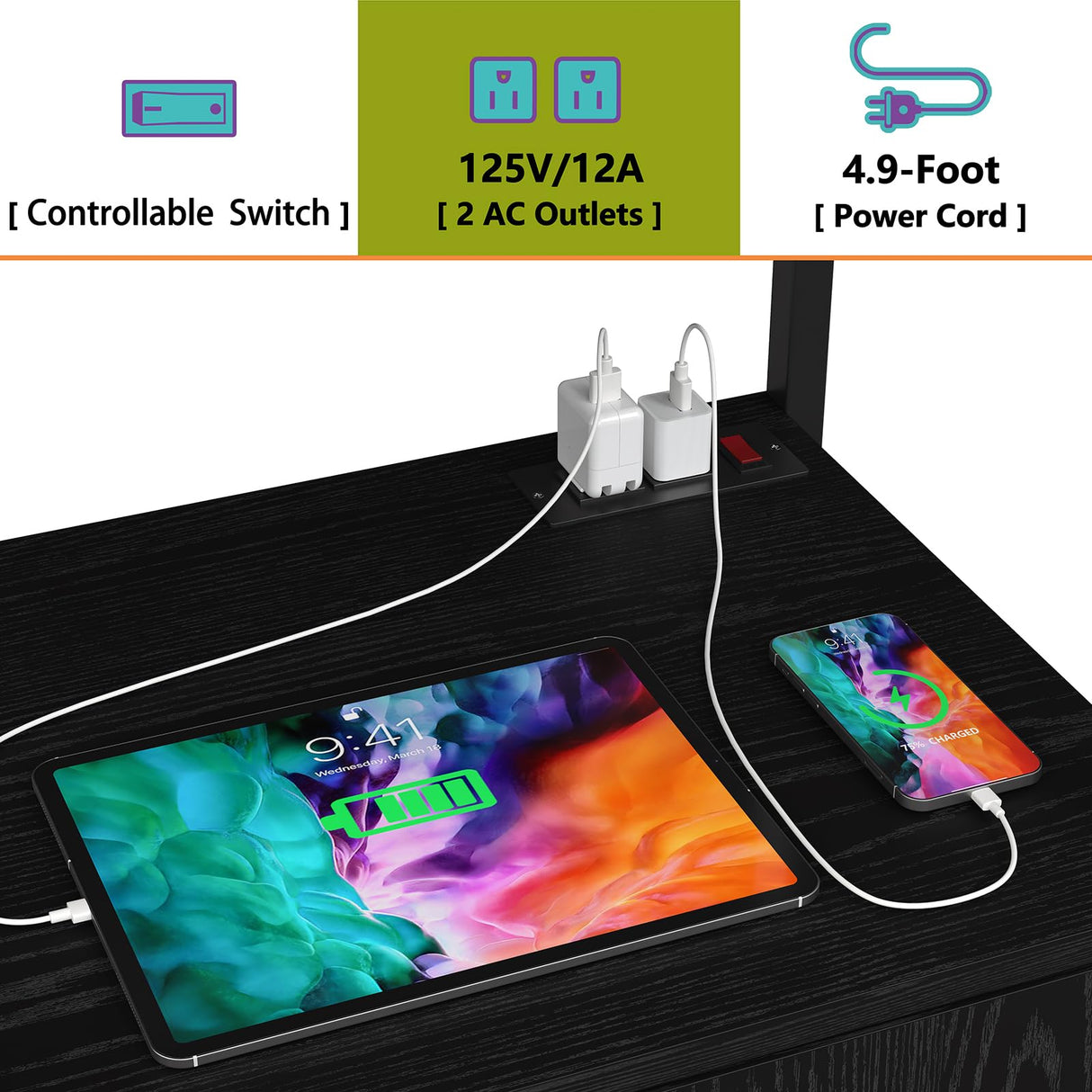 Furniouse 5-Tier Kitchen Bakers Rack with Power Outlet, Industrial Microwave Oven Stand with Storage, Kitchen Storage Shelf with Cabinet, Coffee cart, Standing Kitchen Storage Rack (Black) Furniouse