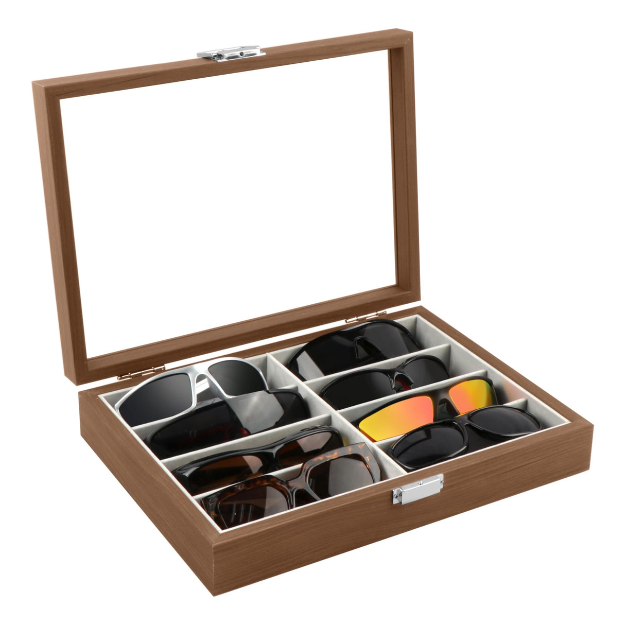 Homeanda Wooden Color 8 Grids Glasses Eyeglasses Case Sun Glasses Holder Eyewear Organizer Sunglasses Box Glasses Case Tray Glasses Display Showcase Organizer Jewelry Tray with Cover Homeanda