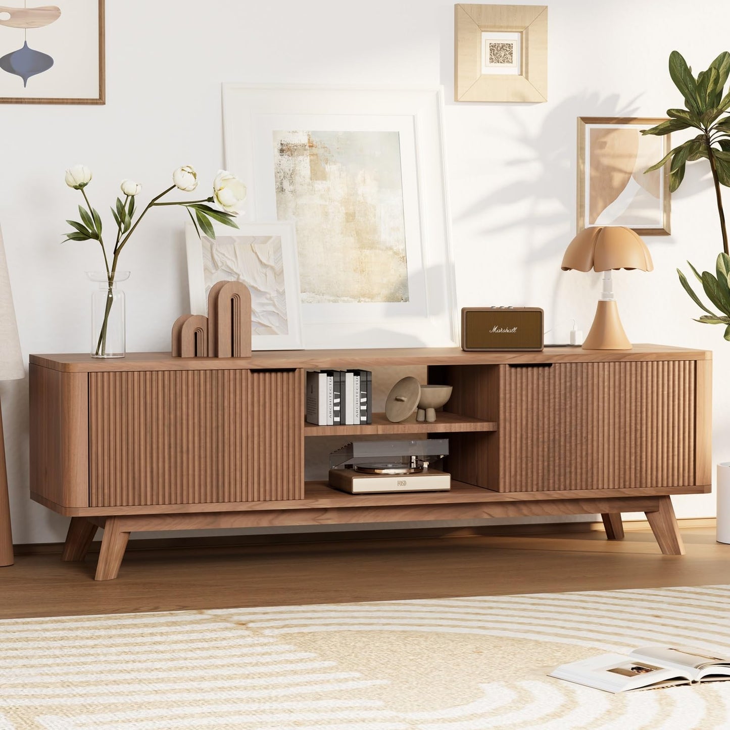 Royal Windsor Modern TV Stand for Living Room,Large TV Table with Fluted Door Cabinets and Open Shelves,Entertainment Center with Storage and TV Mount,Media Console Cabinet with Socket,Reddish Brown