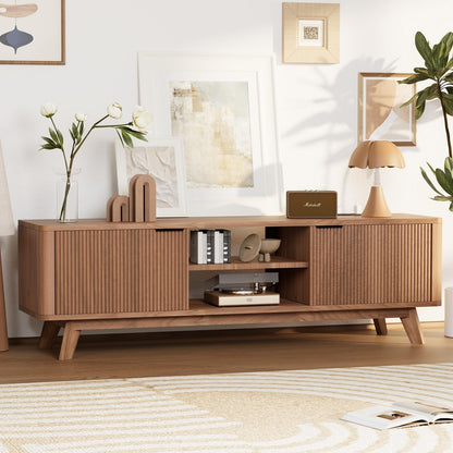 Royal Windsor Modern TV Stand for Living Room,Large TV Table with Fluted Door Cabinets and Open Shelves,Entertainment Center with Storage and TV Mount,Media Console Cabinet with Socket,Reddish Brown