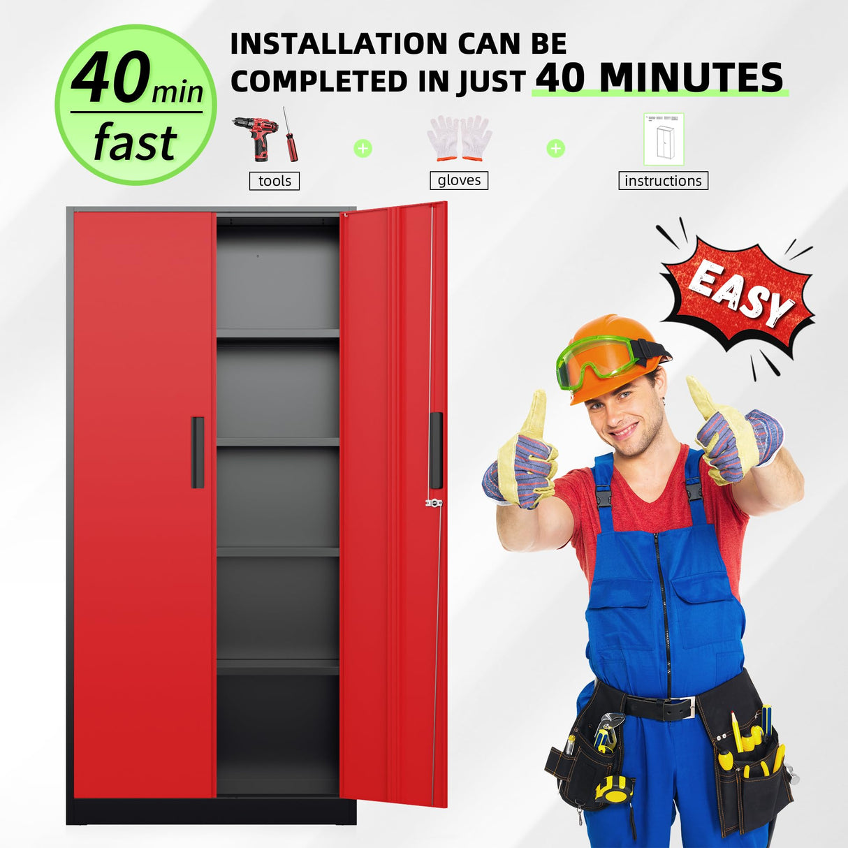 Bonusall 72" Metal Garage Storage Cabinet, 2 Locking Doors & 4 Adjustable Shelves Tall Storage, Heavy Duty Steel Tool Cabinet for Home, Office, Warehouse, School (Black Red) Bonusall