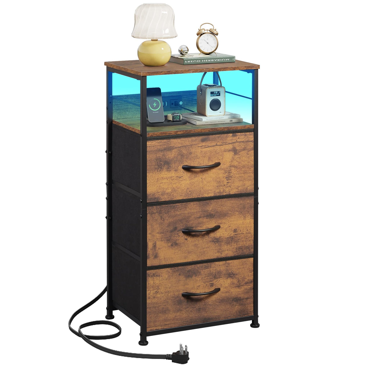 WLIVE Nightstand with Charging Station, LED Night Stand with 3 Fabric Drawers and Storage Shelf, 31.93" H Bedside Table with USB Ports and Outlets for Bedroom, Rustic Brown WLIVE