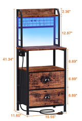 Furologee Tall Nightstand with Charging Station & LED Lights, 41'' Bedside Table with 2 Drawers & Pegboard, White Night Stand with Hooks & Folders, End Table with Shelves for Bedroom/Living Room Furologee