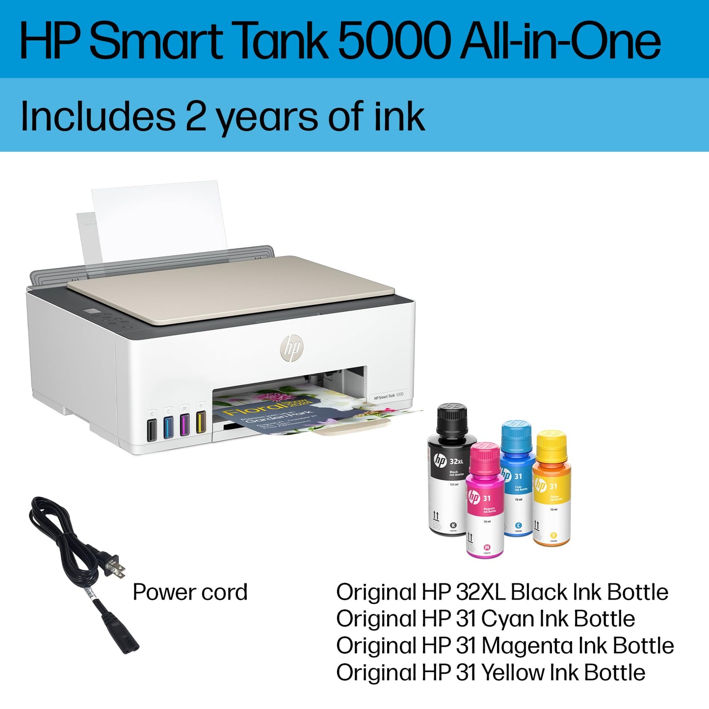 HP Smart-Tank 5000 Wireless All-in-One Ink-Tank Printer with up to 2 years of ink included, mobile print, scan, copy, white, 17.11 x 14.23 x 6.19