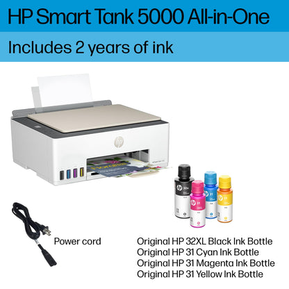 HP Smart-Tank 5000 Wireless All-in-One Ink-Tank Printer with up to 2 years of ink included, mobile print, scan, copy, white, 17.11 x 14.23 x 6.19