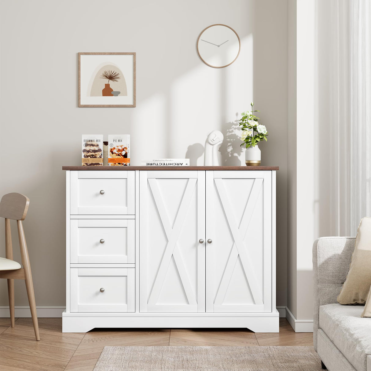 IDEALHOUSE Buffet Cabinet with Storage Drawers and Doors, Farmhouse Coffee Bar Cabinet with Adjustable Shelf for Kitchen, Living Room, White IDEALHOUSE