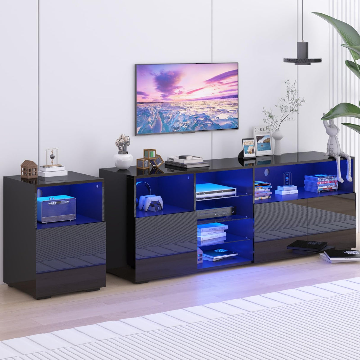 Hlivelood LED TV Stand for 85/75/65 Inch TV, High Glossy Modern TV Console Entertainment Center with Storage and LED Lights for Living Room, Bedroom, Black Hlivelood