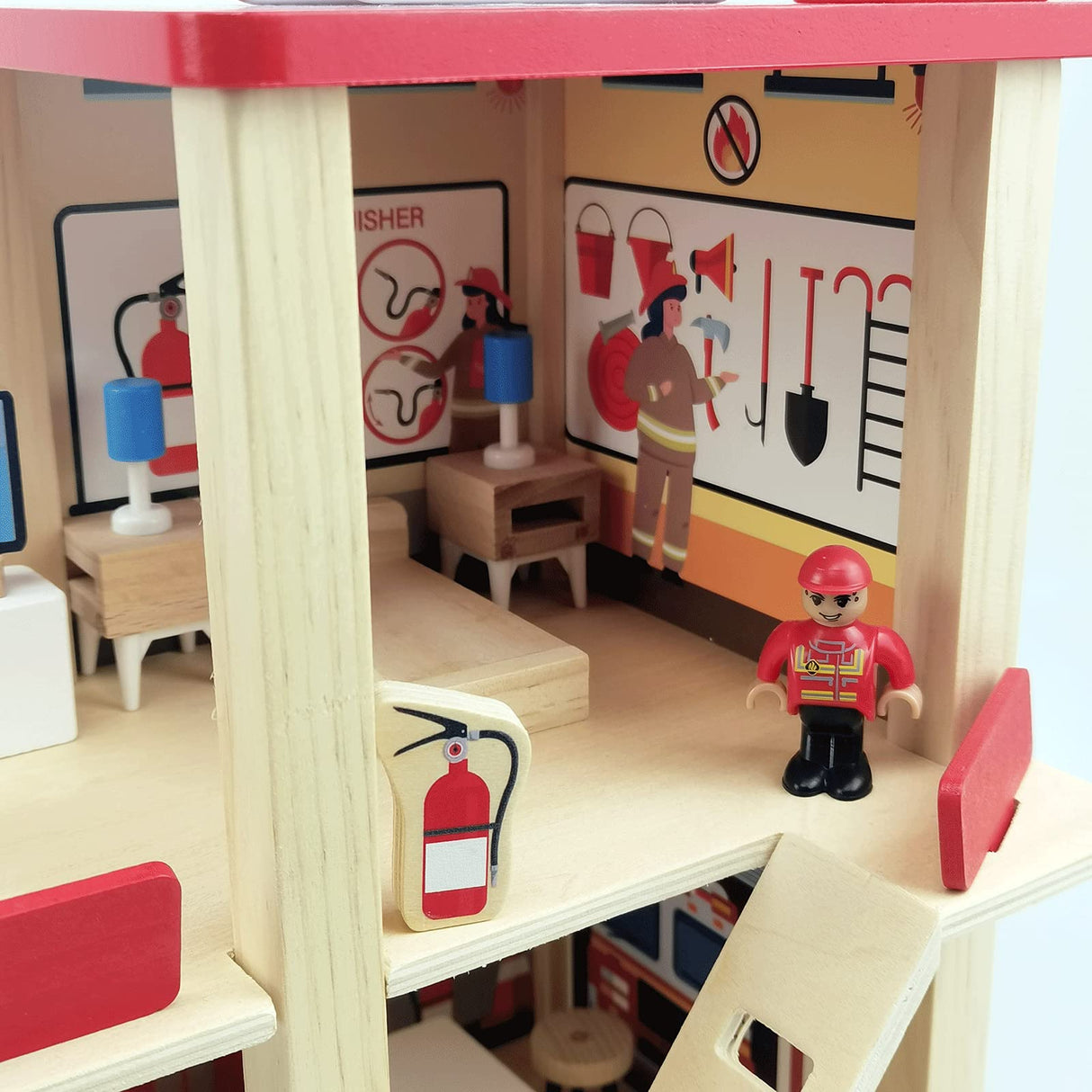 BBtinker Wooden Fire Station Playset, Multicolor 3-Level Pretend Play Dollhouse with Figures, Truck, Helicopter and Accessories, Preschool Learning Educational Toys for Toddlers Kids Age 3 and up BBtinker