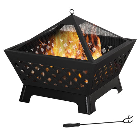 Outsunny 26 Inch Outdoor Fire Pits, Bonfire Wood Burning Firepit Bowl, Camping Fire Pit with Spark Screen Cover, Poker for Patio, or Backyard, Black Outsunny