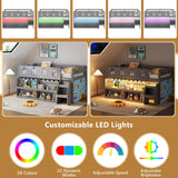 JOYMOR Low Loft Bed with LED Lights, Twin Loft Bed with Stairs, Safety Guardrail, Curtain, Wooden Bed Frame for Kids with Storage Bookcase and Under-Bed Play Space (Gray) JOYMOR