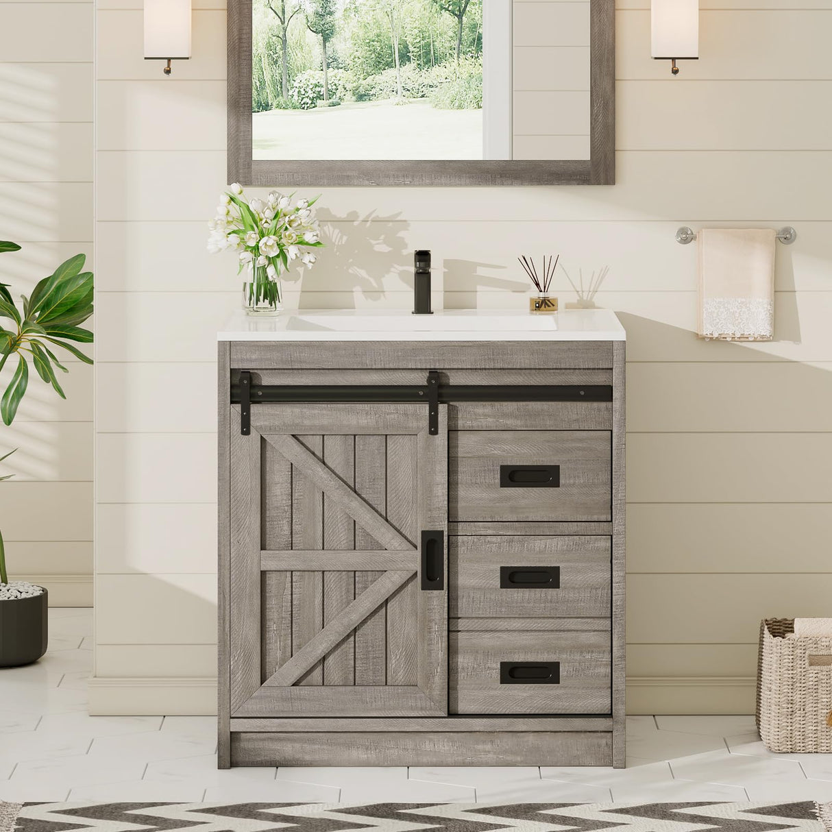 AMERLIFE Farmhouse Bathroom Vanity with Sink Combo, 31in Sliding Barn Door Bathroom Vanity Cabinet Set with Storage Drawers, Metal Handles, Small Single Bath Storage Vanity Sink, Light Grey AMERLIFE