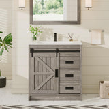 AMERLIFE Farmhouse Bathroom Vanity with Sink Combo, 31in Sliding Barn Door Bathroom Vanity Cabinet Set with Storage Drawers, Metal Handles, Small Single Bath Storage Vanity Sink, Light Grey AMERLIFE